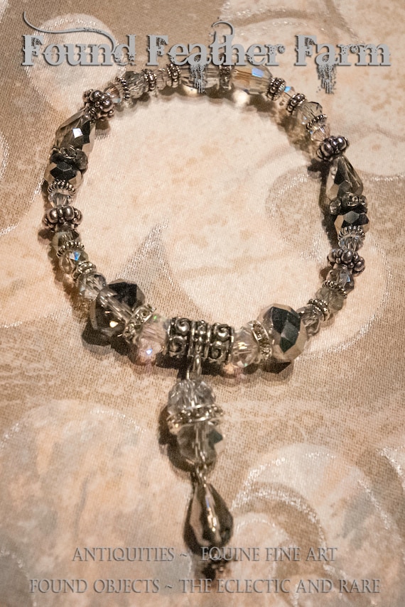 Handmade Beaded Stretch Bracelet with Clear and Silver Glass Czech Beads and a Single Charm Detail