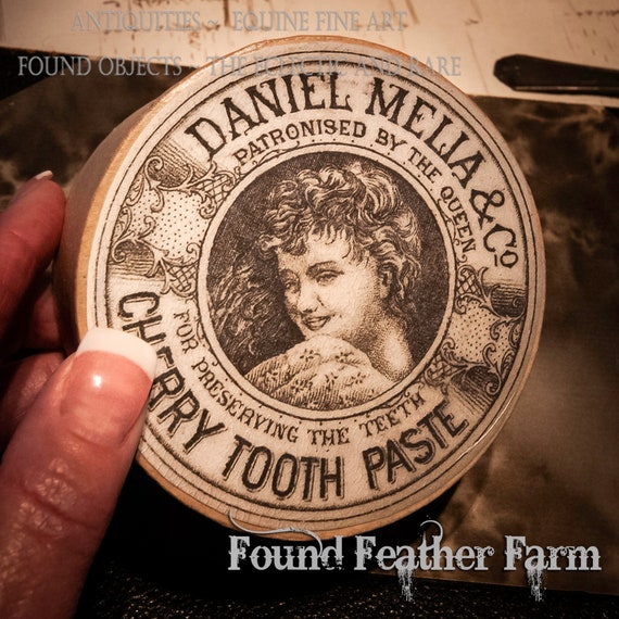 Handmade Large Paper Mache Trinket Box With a Printed Historic Pot Label From Daniel Melia Cherry Tooth Paste From England