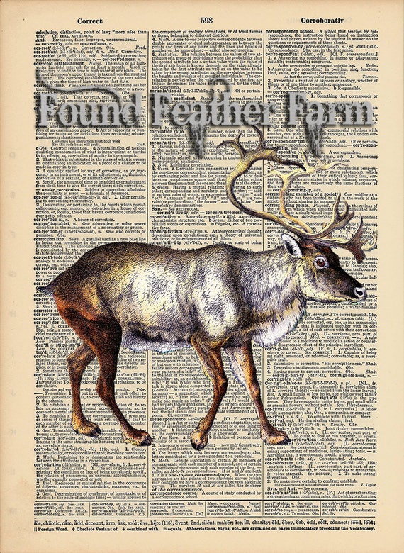 Vintage Antique Dictionary Page with Antique Print "Caribou"