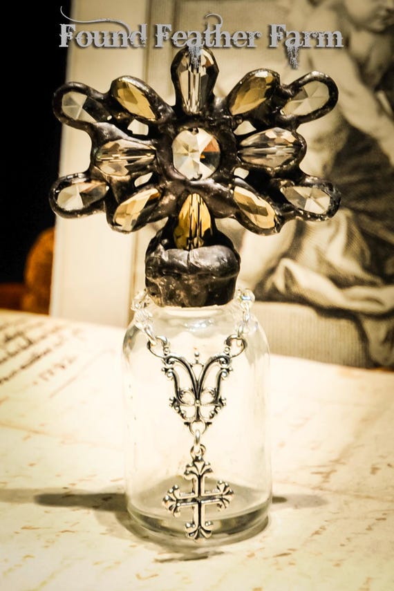 Handmade Glass Cross Bottle with Antique Chandelier Crystals, Century Old Bottle Base