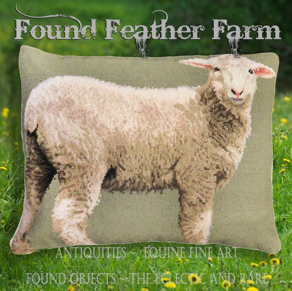 Handmade Wool Needlepoint Pillow of an English Lamb with Down Fill