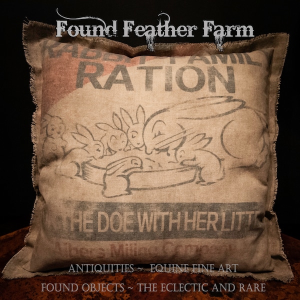 Vintage Handmade Reproduction Rabbit Family Ration Feed Sack Pillow