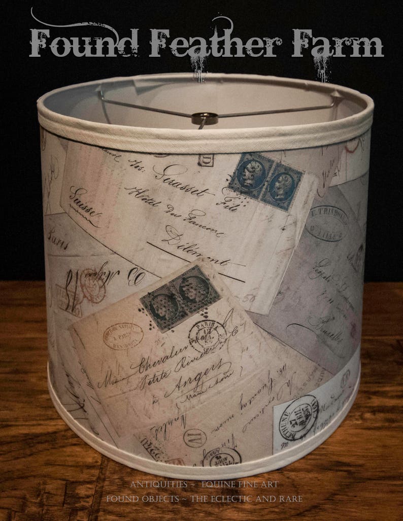 Large Round Vintage Drum Lamp Shade With Printed Antique French Postcard Ephemera
