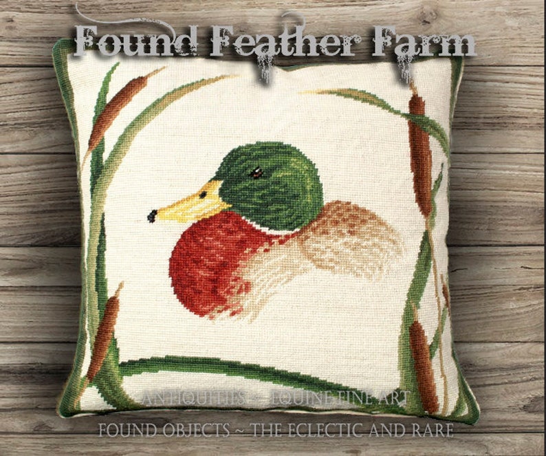 Handmade Needlepoint Pillow of a Mallard Duck Surrounded by Cattails and with a Down Insert