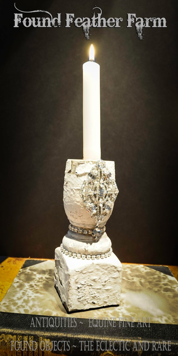 Antique Chippy Balustrade Candle Holder with Rhinestones Circa 80+ Years Old