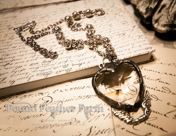 Handmade Vintage Crystal Heart Pendant with Silver Wings Detail and Handmade Necklace Chain