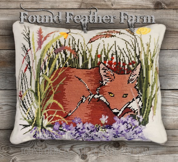 Handmade Needlepoint Wool Pillow "Fox in the Garden" with Goose Down Insert