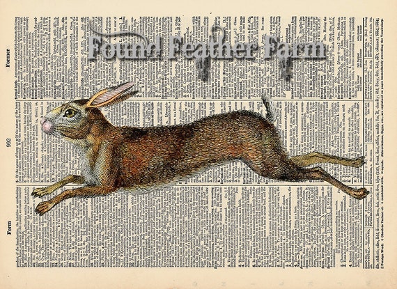 Vintage Antique Dictionary Page with Antique Print "Running Rabbit Horizontal"