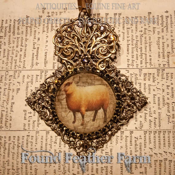 Handmade Embellished Medium Glass English Sheep Ornament with Gold Ribbon and Magnet