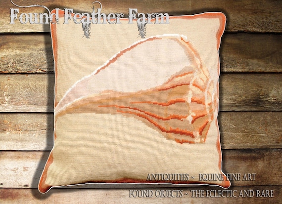 Handmade Needlepoint Pillow of an Atlantic Whelk Shell with a Down Insert