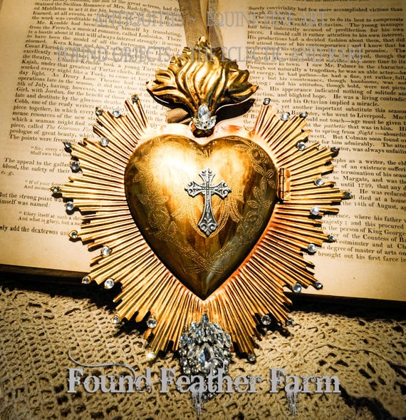 Flaming Gold Leaf Ex Voto Heart Locket With the  Virgin Mary and the Christ Child