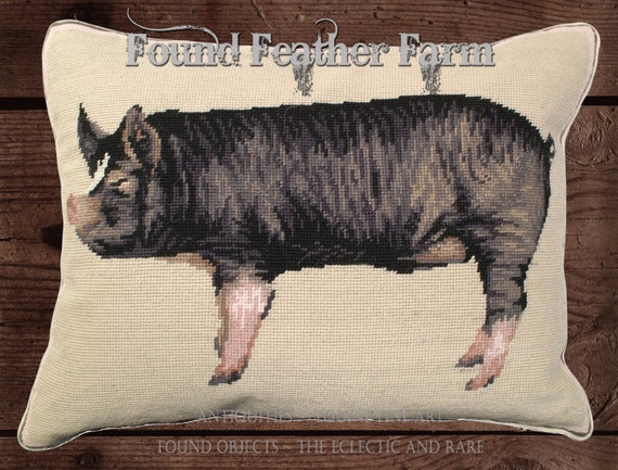 Handmade Wool 20" x 16" Needlepoint Pillow of an English Berkshire Pig with Down Fill