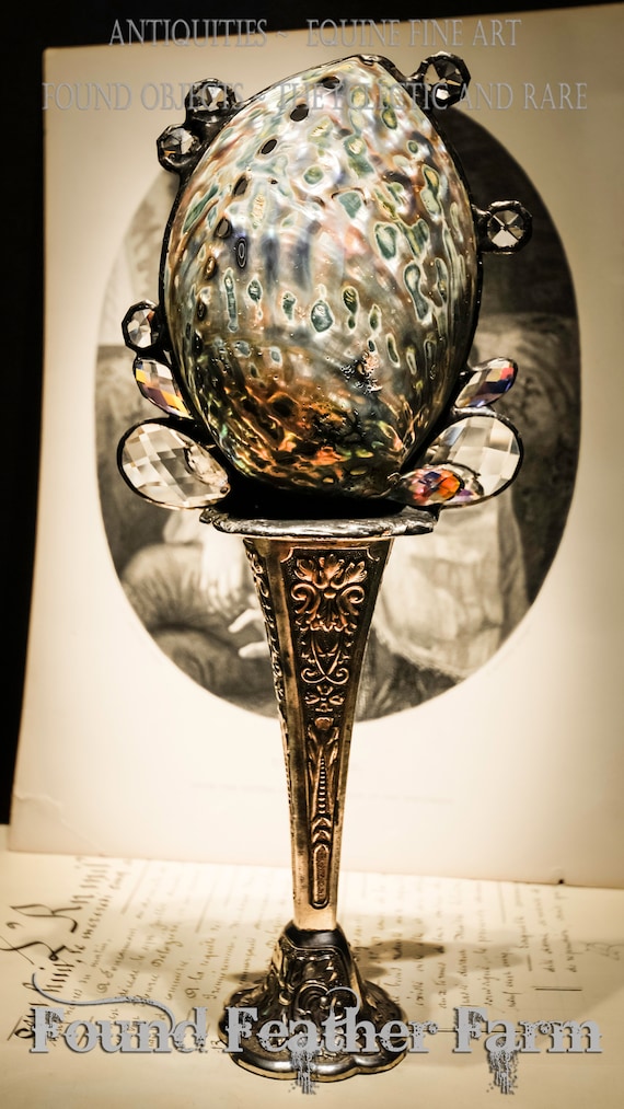 Handmade Vintage Silver Bud Vase Supporting A Polished Abalone Shell and Vintage Crystals