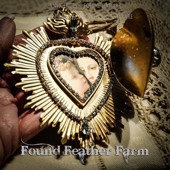 Flaming Heart Tin Ex Voto Locket in Rich Gold Leaf with Rhinestones and With an Antique Ribbon Hanger