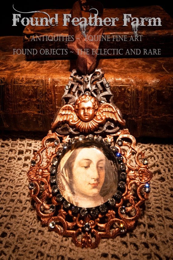 Handmade Magnet Ornament with a Jeweled Embellished Glass Cabochon on Copper and Featuring A Vintage Image of Sacred Mother Mary