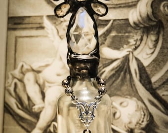 Handmade Glass Cross Bottle with Antique Chandelier Crystals, Century Old Bottle Base