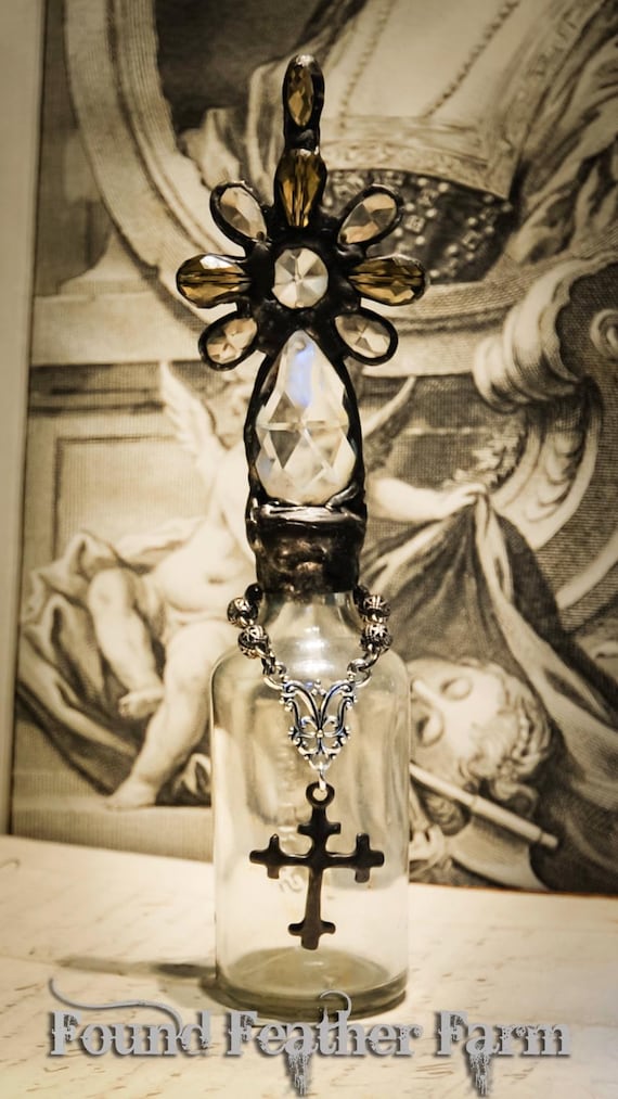 Handmade Glass Cross Bottle with Antique Chandelier Crystals, Century Old Bottle Base