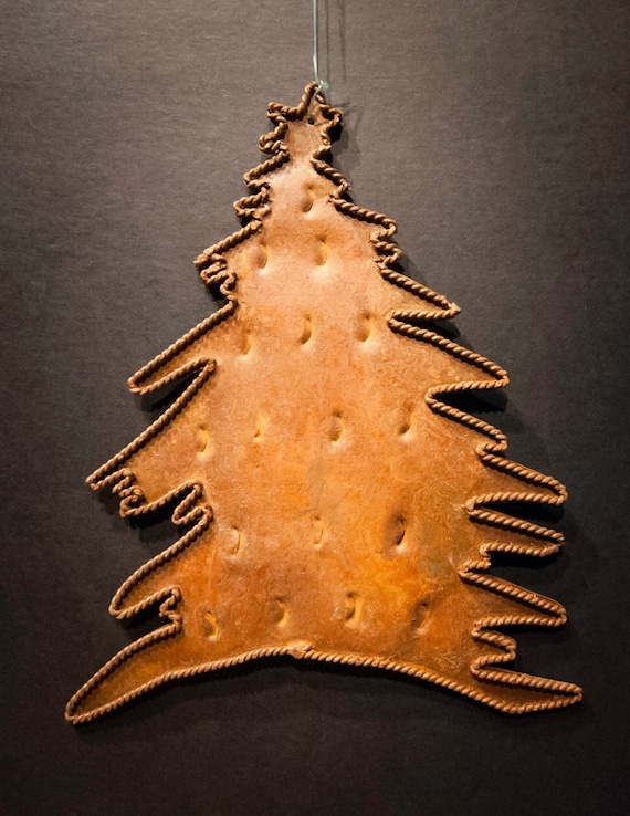 Primitive Rusted Tin Single Pine Tree Holiday Ornament