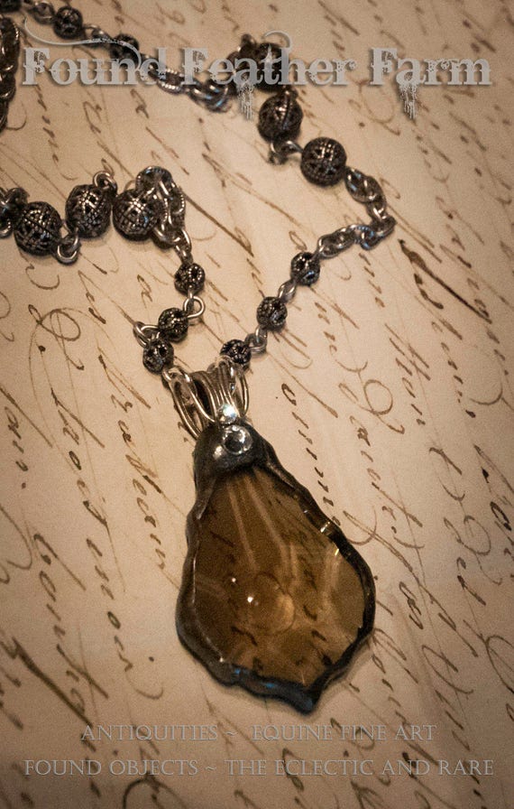 Handmade Vintage Topaz Teardrop Crystal Pendant with Silver Victorian Bail and a  Handmade Bead Necklace Chain