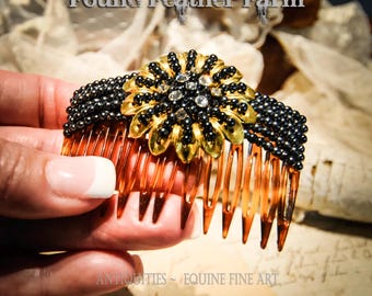 Faux Tortoise French Hair Comb with Black Beading and Rhinestones