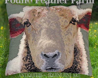 Handmade Wool Needlepoint Pillow of an English Sheep with Down Fill