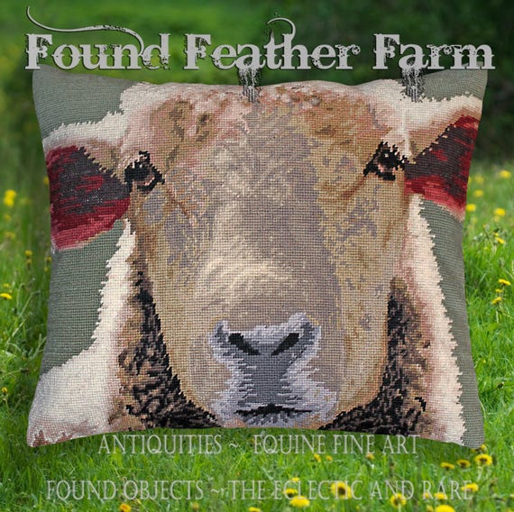 Handmade Wool Needlepoint Pillow of an English Sheep with Down Fill