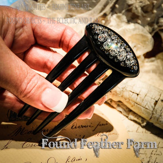 Black French Jeweled Hair Comb with Sparkling Rhinestones