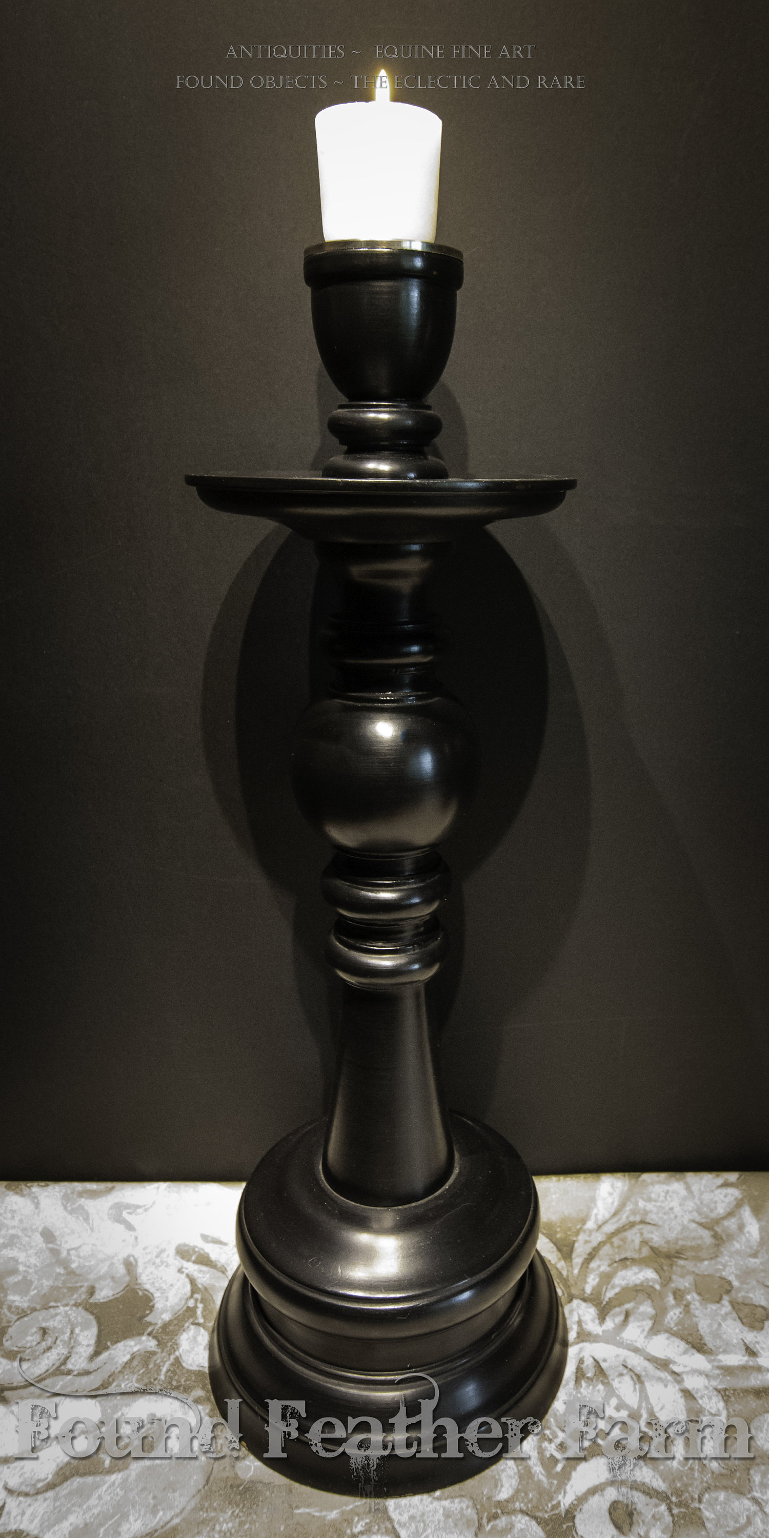 Pair of Vintage Wooden Black Candle Holders with Brushed Steel