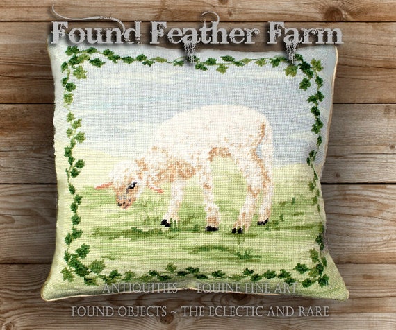 Handmade 18" x 18" Wool Needlepoint Pillow of a Newborn Baby Lamb with Down Fill