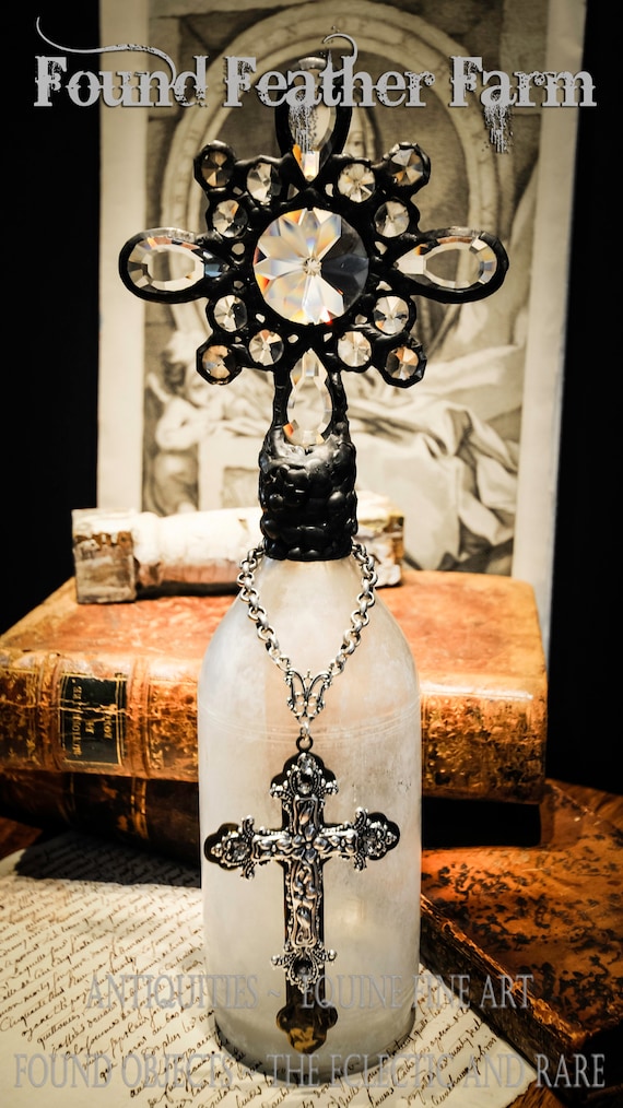 Heirloom Whispers Collection Handmade Antique Grungy Clear Glass Cross Bottle with Vintage European Crystals