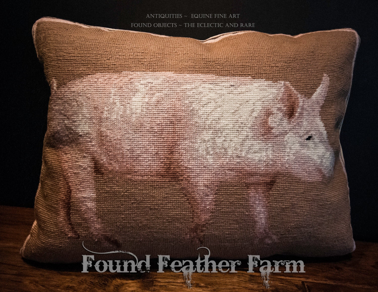 Handmade Yorkshire Pig Needlepoint Wool Pillow with Goose Down Fill