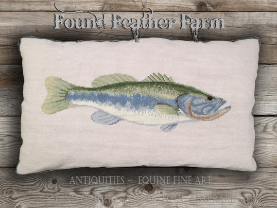 Handmade Needlepoint Bass Fish Pillow with a Down Insert