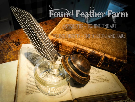 Antique Glass and Iron Ink Well with Feather Pen