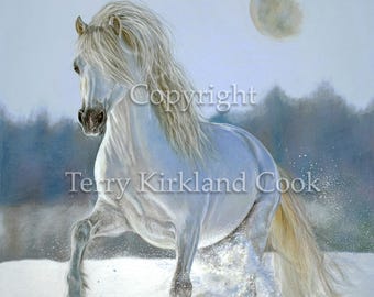 Running White Horse Under Moon, Fine Art Giclee Print (12x16)