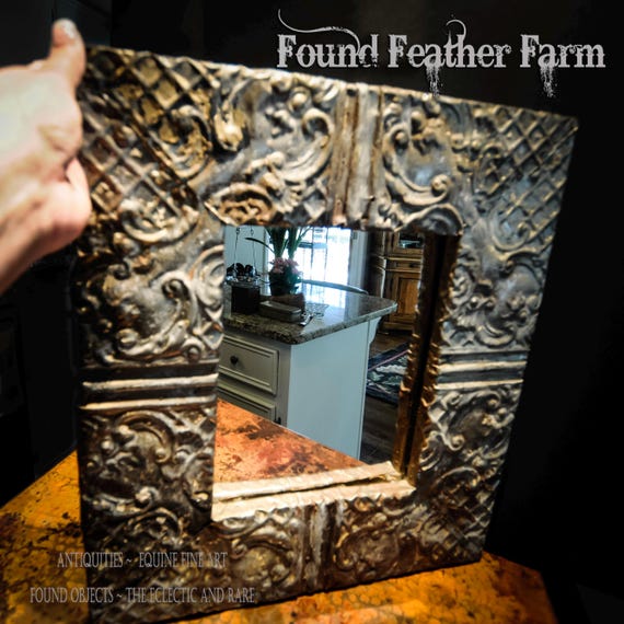 Small Vintage Architectural Mirror With Antique Tin Ceiling Tiles