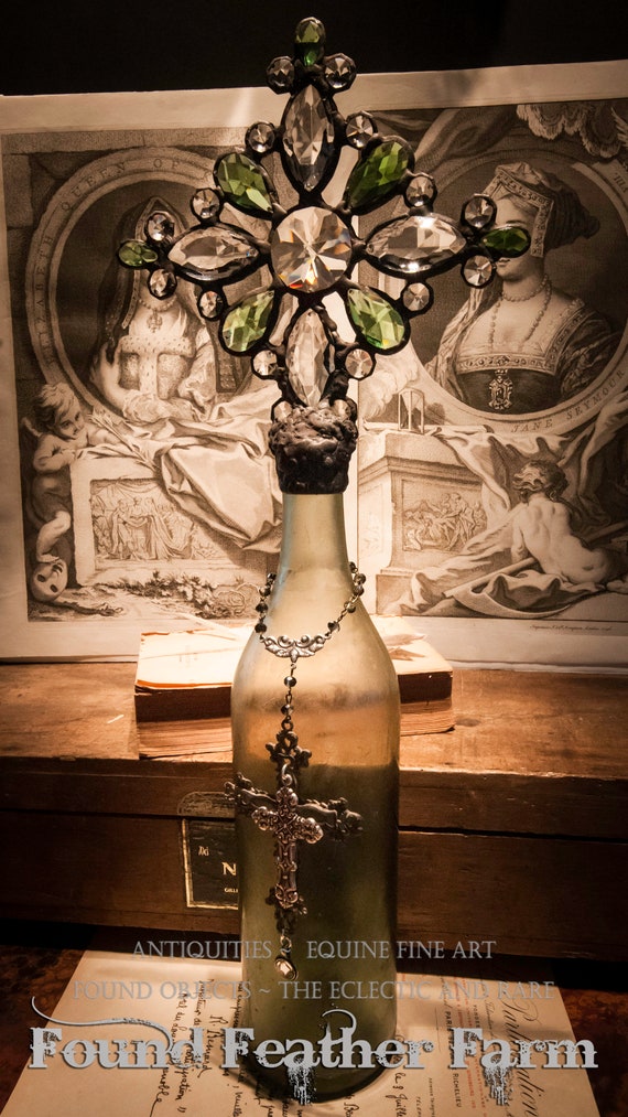 Handmade Cross Bottle with an Antique 1880 Grass Green Glass French Wine Bottle