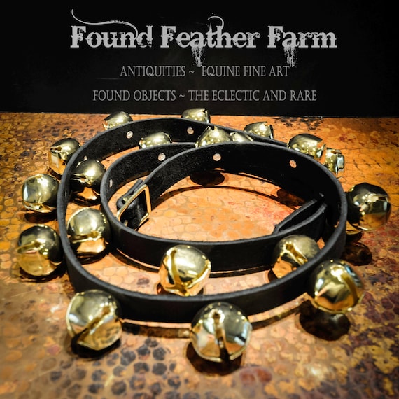 20 Brass Jingle Bells on a Black Harness Leather Strap
