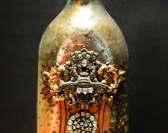 Vintage Mercury Glass Silver Bottle with Sparkling Rhinestone Details