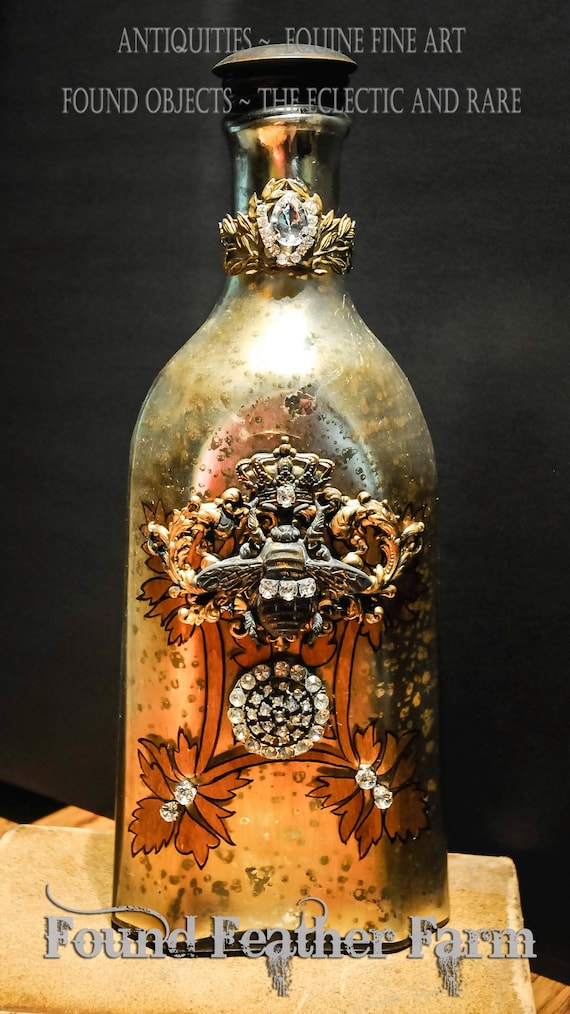 Vintage Mercury Glass Silver Bottle with Sparkling Rhinestone Details