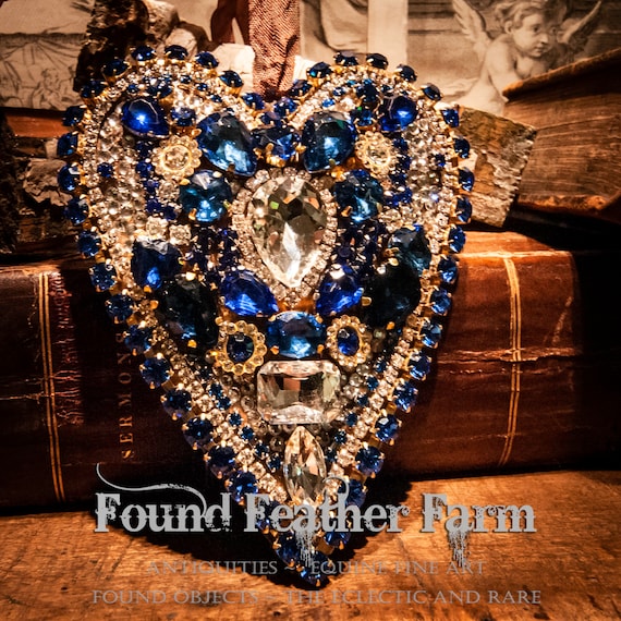 Handmade Tin Ex Votos Heart Embellished With Sparkling Cobalt Blue Pronged Crystal Jewels