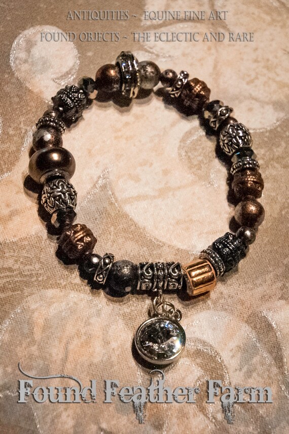 Handmade Stretch Copper and Silver Beaded Bracelet with a Sparkling Swarovski Crystal Charm