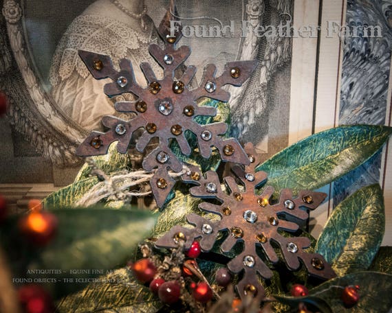 Handmade Rusted Metal Jeweled Snowflake