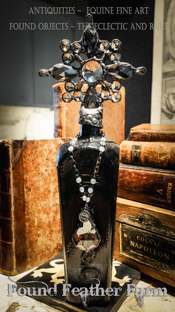 Elements of Grace Collection ~ Handmade Antique Glass Cross Bottle with a Rare 1800's Black Glass Whiskey Bottle