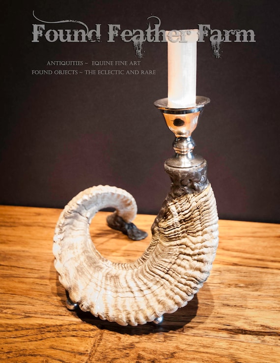 Beautiful Handmade Ram's Horn and Silver Plated Candlestick with a Beeswax Candle