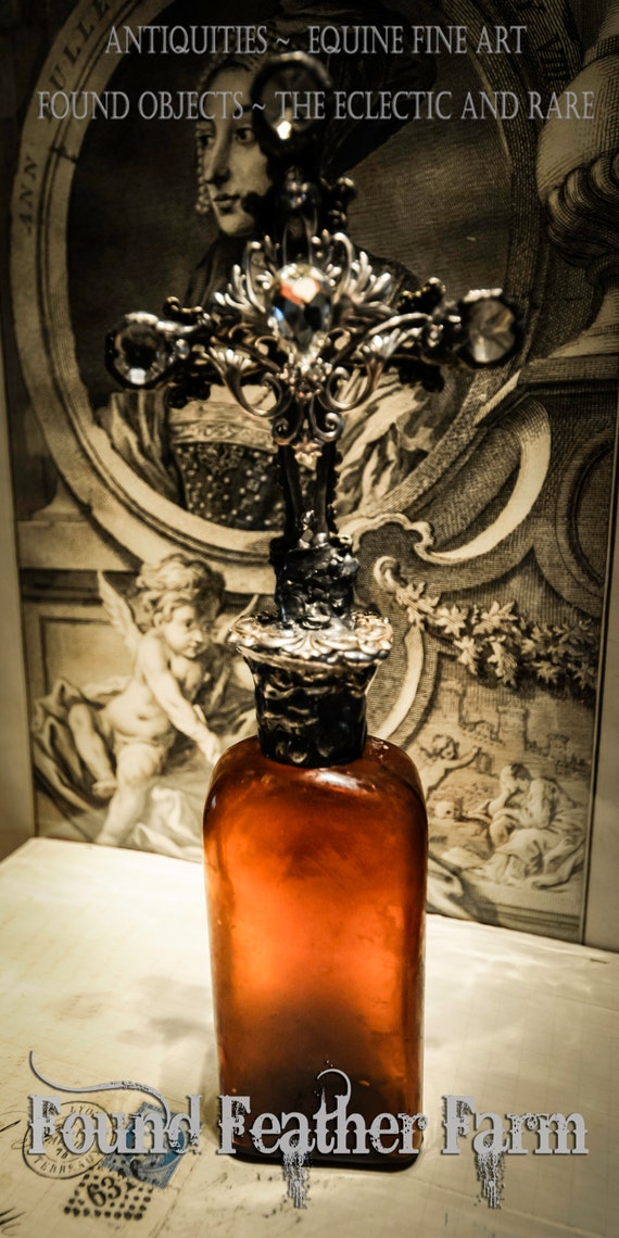 Handmade Glass Cross Bottle made with an Antique Dark Mahogany Glass Bottle