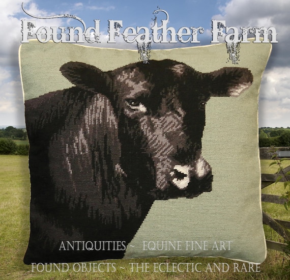 Handmade Wool 20" x 20" Needlepoint Pillow of a Black Angus Cow with Down Fill