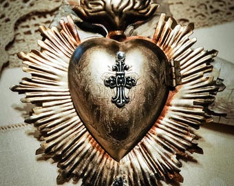 Flaming Heart Ex Voto Locket, Silver Leaf & Rhinestones, Virgin Mary Image