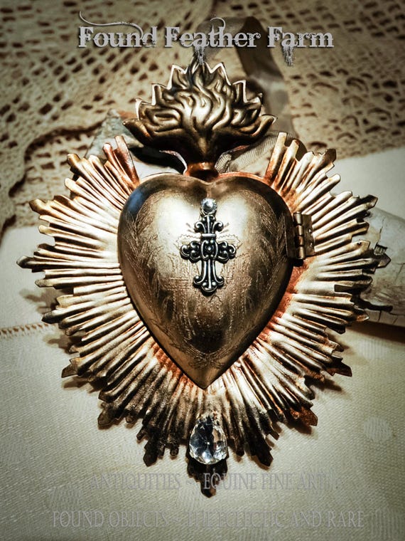 Flaming Heart Ex Voto Locket, Silver Leaf & Rhinestones, Virgin Mary Image