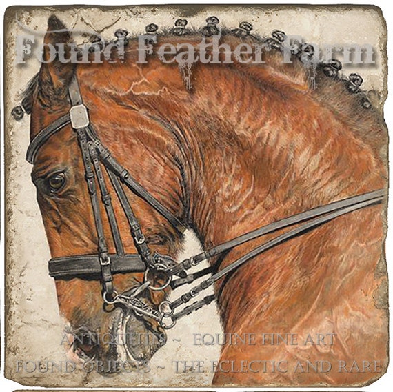 Fine Italian Tumbled Marble Trivet with Original Equine Art Image