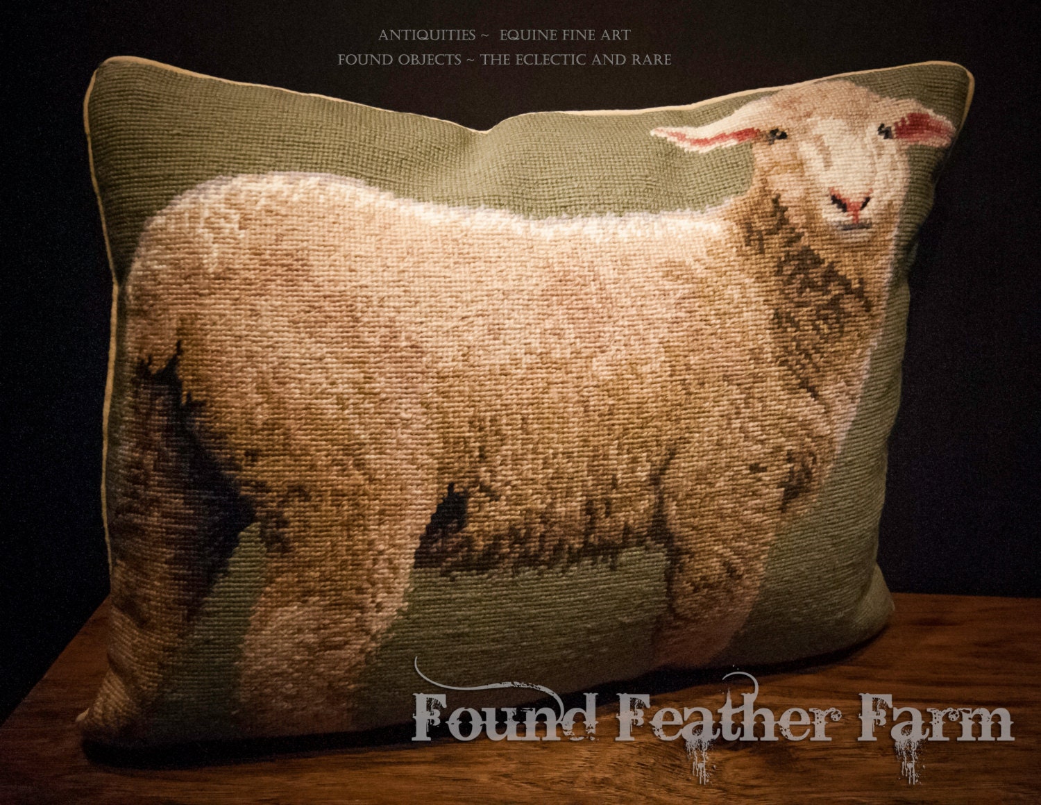 Handmade Wool Needlepoint Pillow of an English Lamb with Down Fill